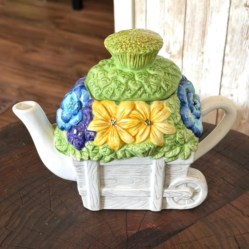 Vintage Ceramic Wheelbarrow Grandmacore Garden Teapot Cottagecore Sunflower